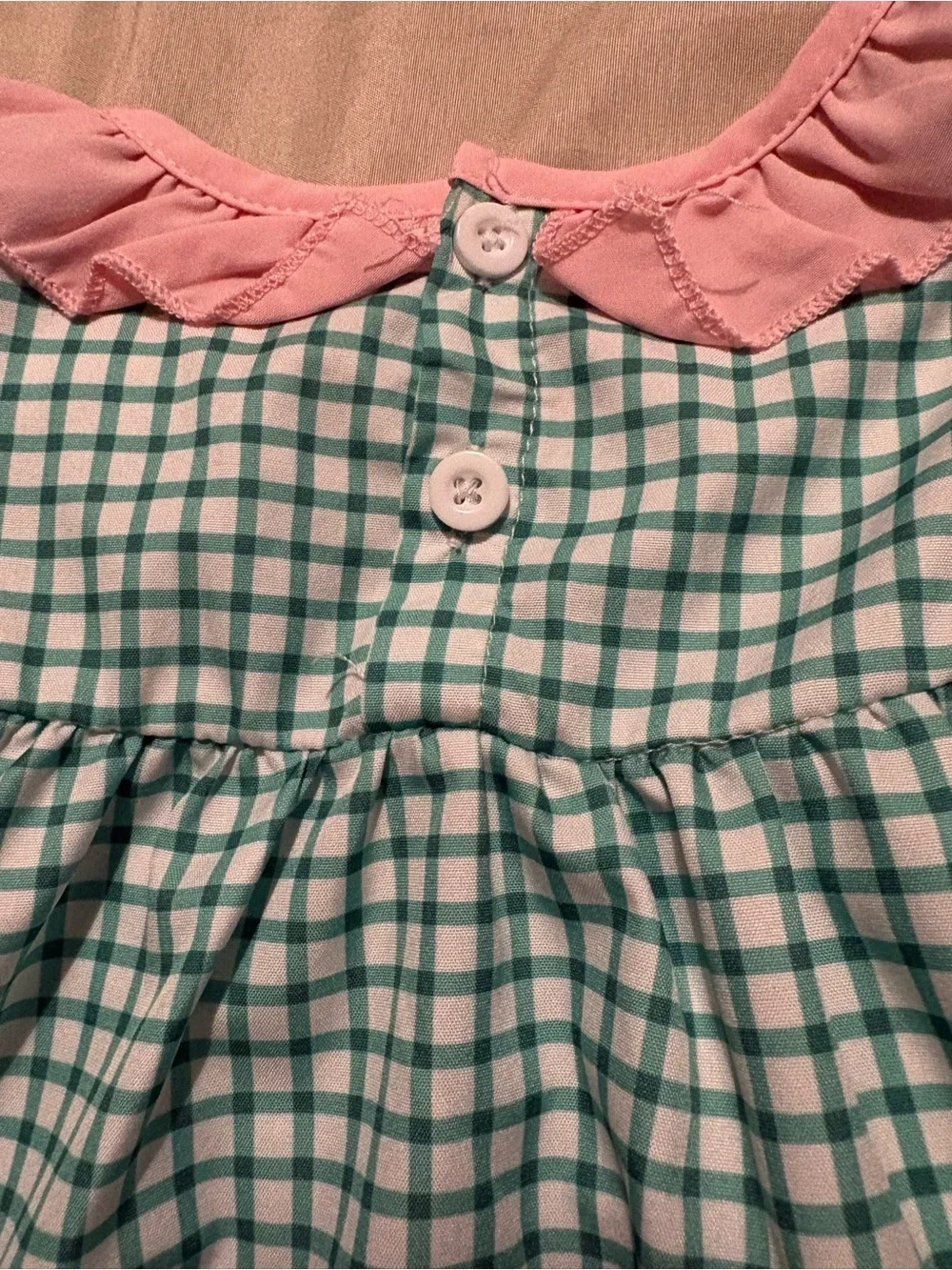 Girls Green Plaid Ruffle Collar dress with Pink Trim